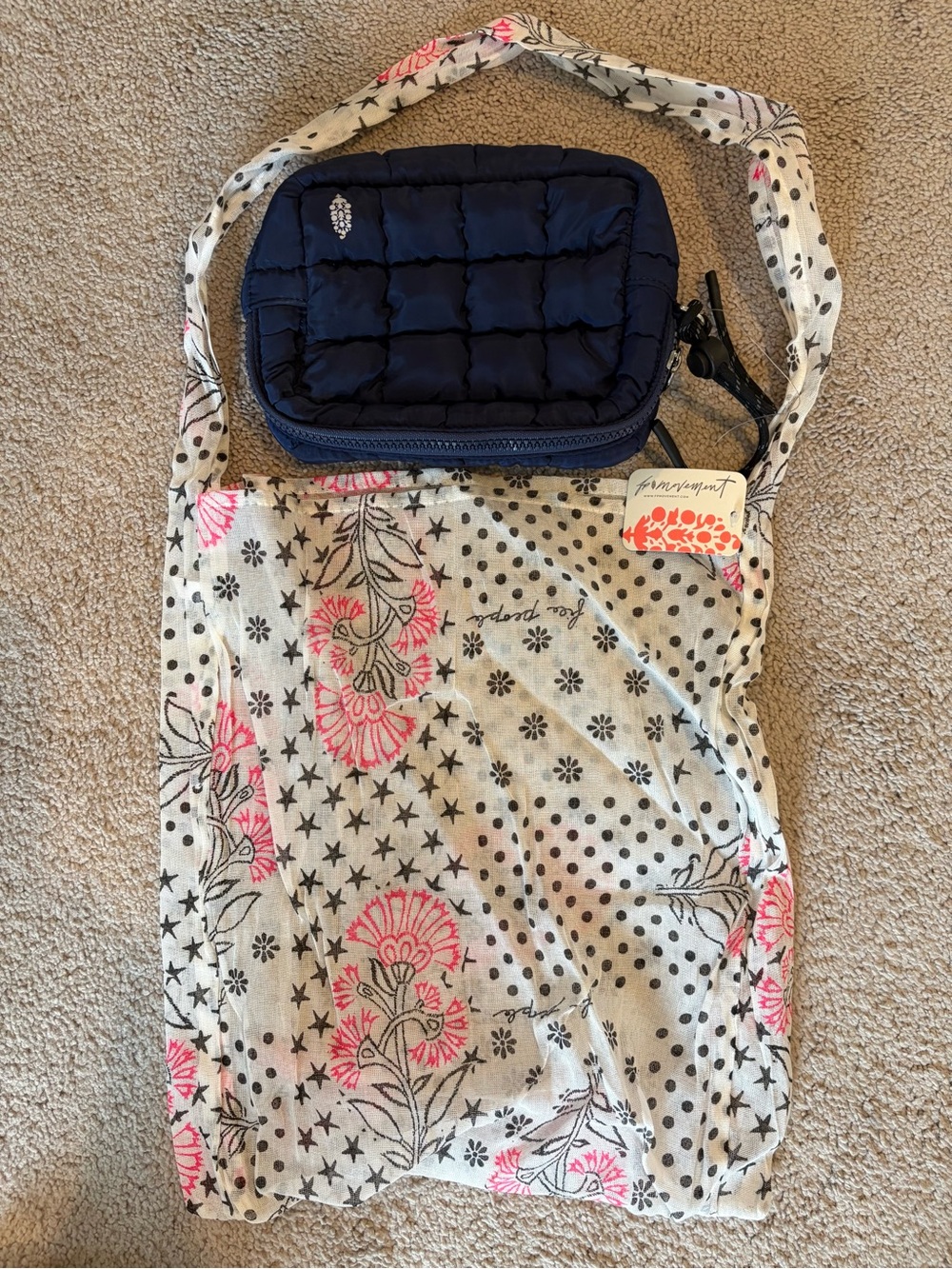 Free People Navy Quilted Crossbody with Floral Printed Strap